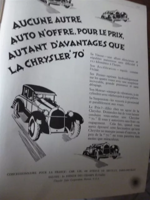 CHRYSLER 70 voiture + BERNARD SELLIER PARIS publicité papier ILLUSTRATION 1927