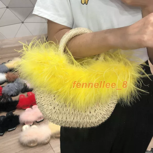 Women Ostrich Feather Beach Handbag Woven Straw Bag Shoulder Messenger Bag Pouch 2