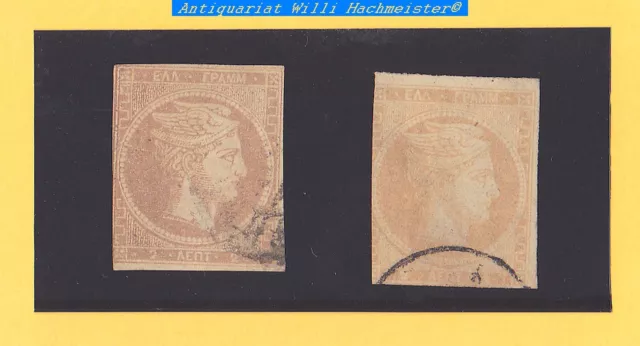 Griechenland-Königreich-Hermeskopf-2 Lepta-1861-Farbnuancen-wohl Mi.10IIa+b-gebr