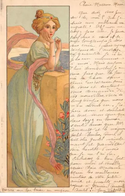 Illustrateur - n°89778 - Genre Mucha - Jeune femme rêvant accoudée sur une