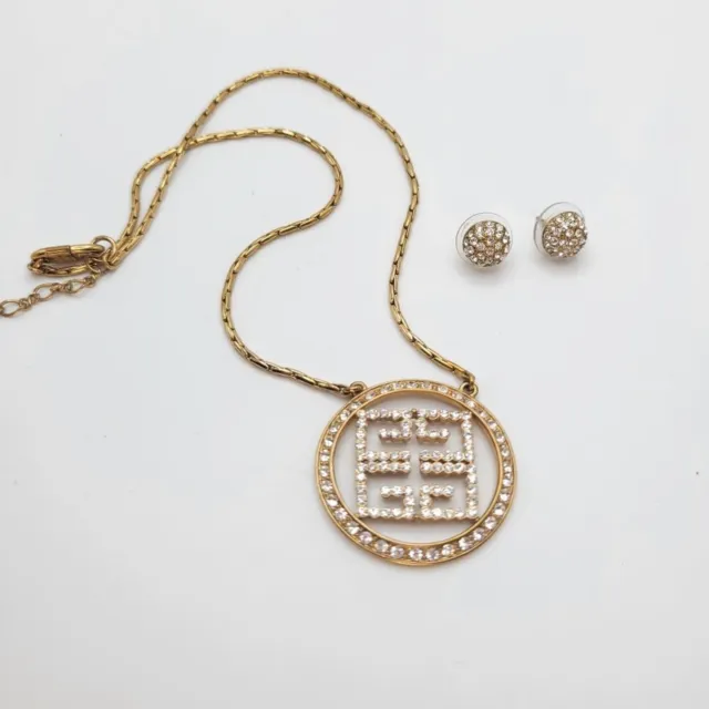 Givenchy | Vintage Logo Necklace & Earrings Gold-tone Pave Crystals Signed