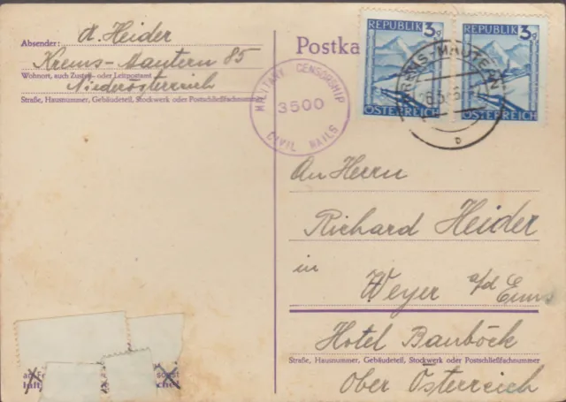 1 schöne Österreichische Postkarte, mit Stempel Zensur, gelaufen: 1946