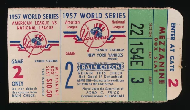 1957 WORLD SERIES Ticket Stub GAME 2 Braves vs Yankees HANK AARON vs MANTLE