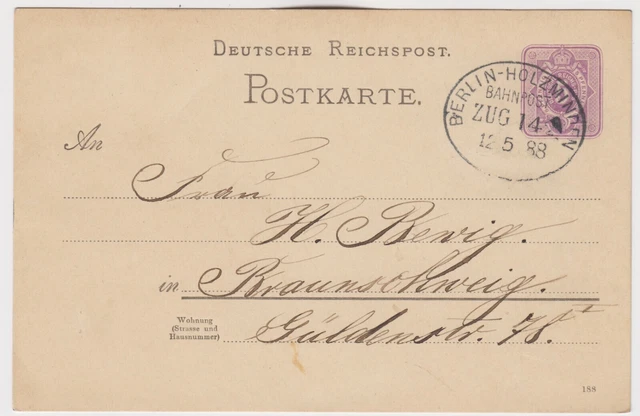 DR GA 5 Pf. 1888 Bahnpost Berlin - Holzminden nach Braunschweig