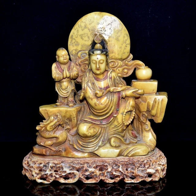 Chinese Exquisite Handmade Guanyin carving Shoushan Stone Statue