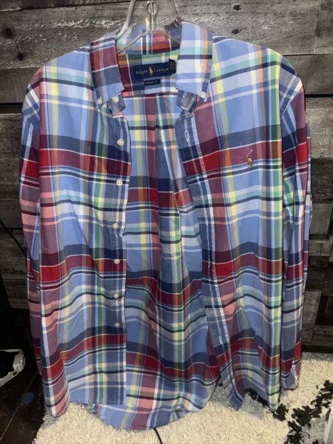 Ralph Lauren Shirt Linen Long Sleeve Multicolor Plaid Button Down Mens Small