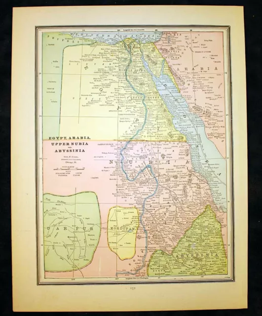 Antique Map 1889 Egypt Arabia Upper Nubia and Abyssinia Red Sea Nile Delta