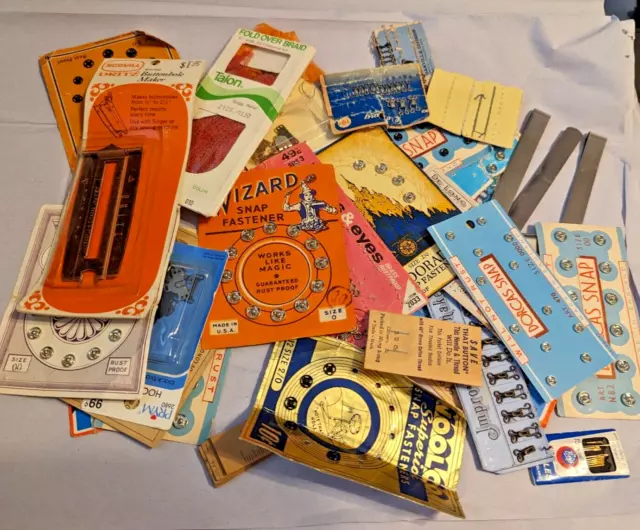 Vintage Lot of Sewing Notions Hooks Snaps Buttonhole maker hem guides etc.