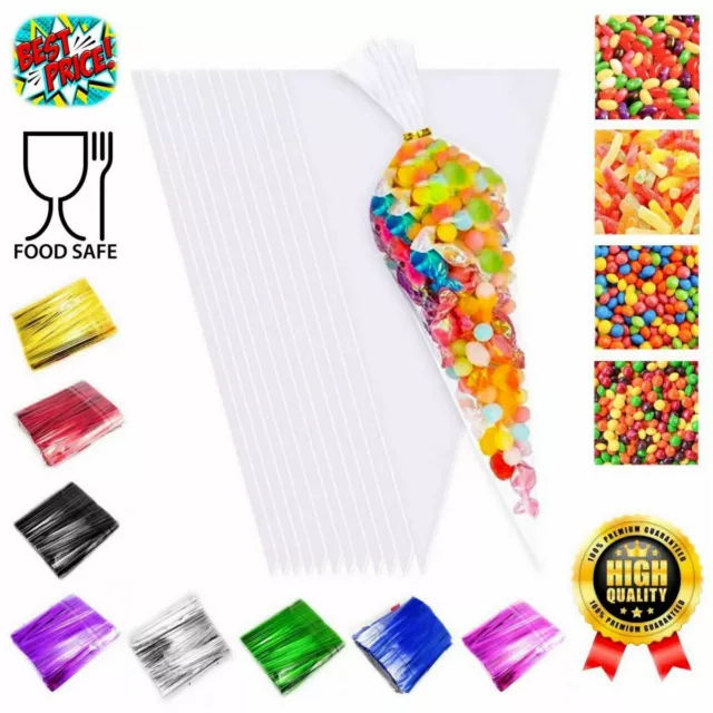 Clear Cellophane Cone Sweet Bags Small Large Birthday Party Gift with Twist Ties