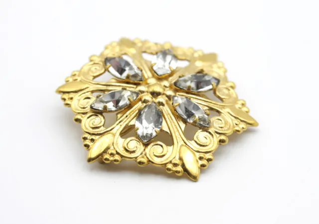 Vintage Star Brooch Pin White Clear Rhinestones Yellow Metal 1960s USSR Artel