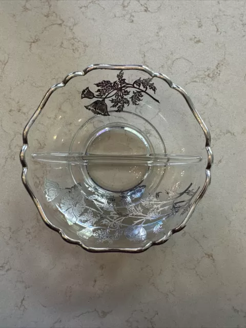 Vintage divided glass bowl with Silver City Flanders Flowers overlay