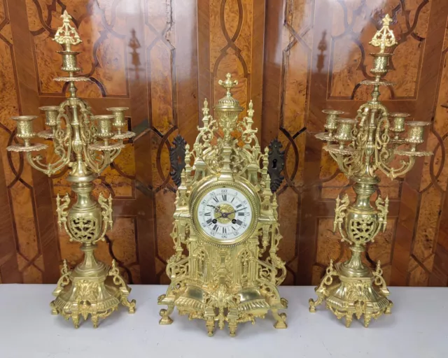 Große Uhrengarnitur Pendule Kaminuhr mit Kerzenleuchtern A.D.Mougin um 1890 2