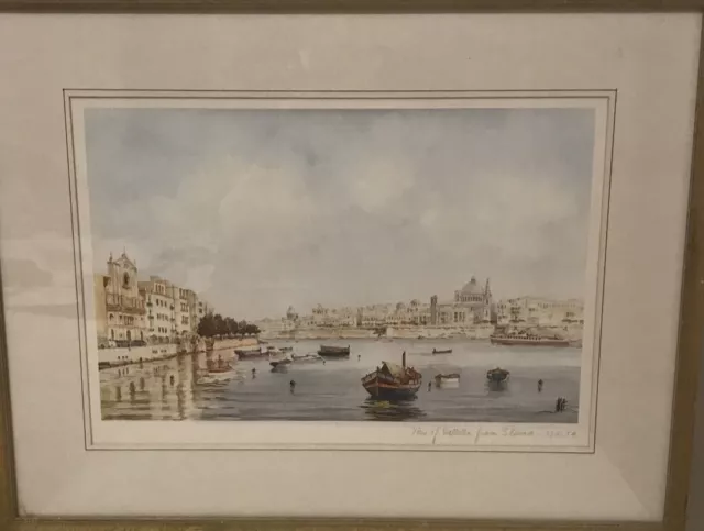 View Of Valletta Watercolour Art Print Framed Sighn By Artist 50x40cm