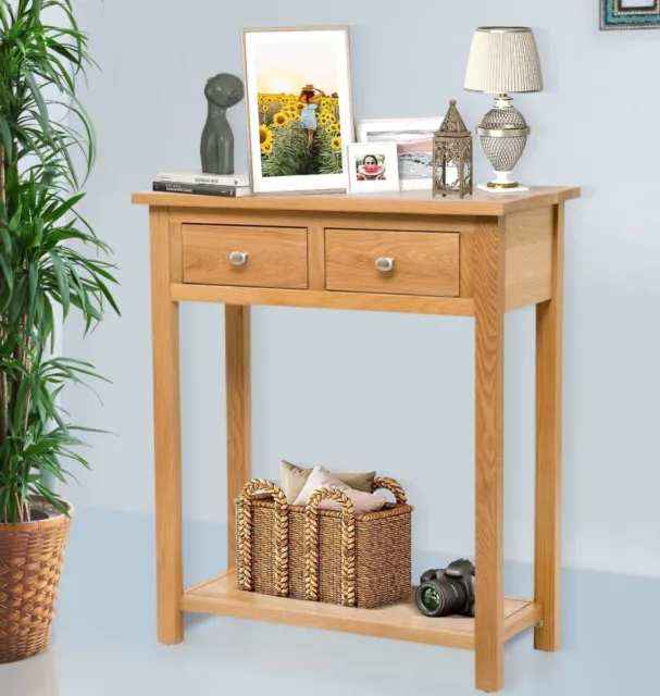 Large Oak Console Table | Solid Wood Hall Side/End/Telephone Table with 2 Drawer