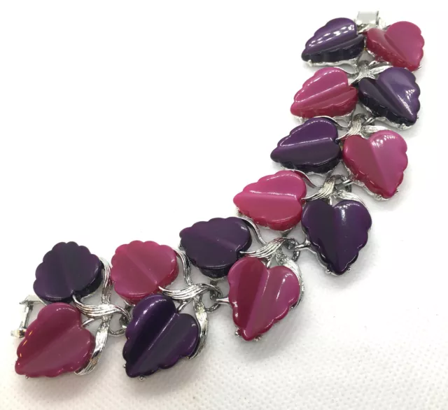 Vintage Raspberry & Grape Moonglow Lucite Thermoset Leaves Link Bracelet!