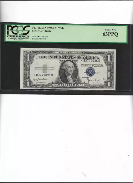 Wide  Star Note Silver Certificate  Fr. 1613W* 1935D $1 Choice New 63 Ppq