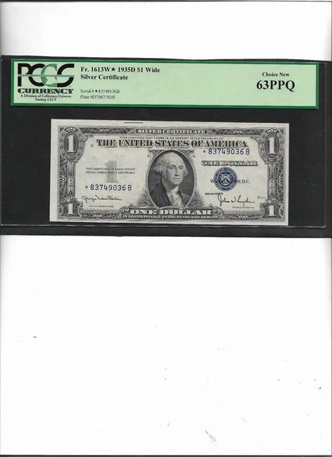 Wide  Star Note Silver Certificate  Fr. 1613W* 1935D $1 Choice New 63 Ppq