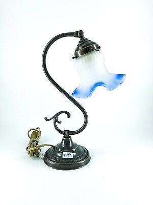 Lampada Abat-jour per comodino letto in ottone stile liberty vetro bianco/blu