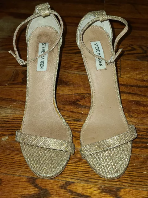 Steve Madden Stecy Gold Glitter Heeled Ankle Strap Sandal Size 10M