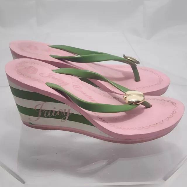 Vtg Laney Smells Like Juicy Couture 6 Green/Pink Platform Wedge Flip Flops Y2K