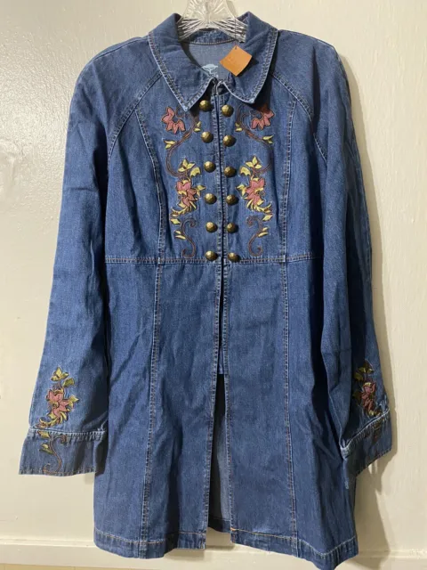 ACACIA Denim Boho Embroidered Trench Coat Blue Floral Embroidered Medium Artsy