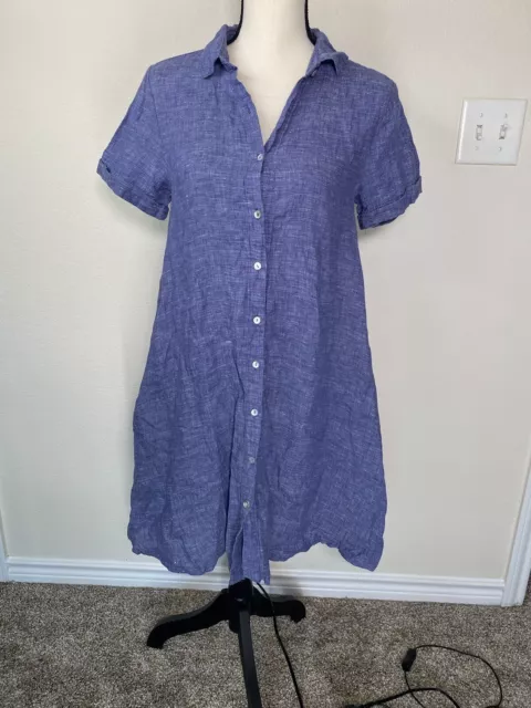 TAHARI Shirt Dress Size SMALL Blue 100% Linen Chambray Button Front Pockets