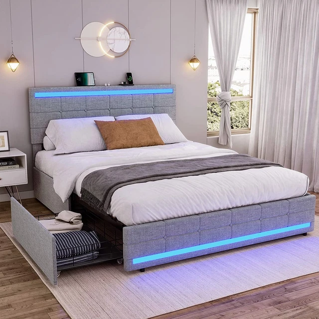 LED FULL SIZE Bed Frame with Storage Drawers Platform Bed Frame ...