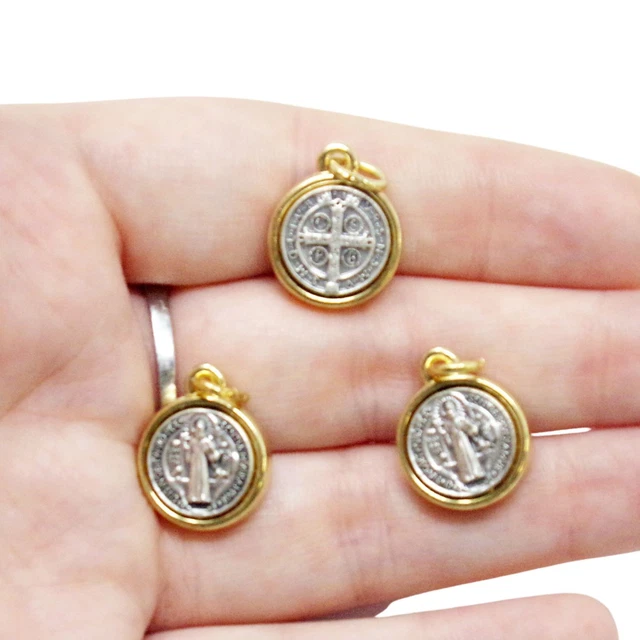 St Saint Benedict Medal Two Tone Mini Pendants Rosary Parts 3/4 In Lot of 3