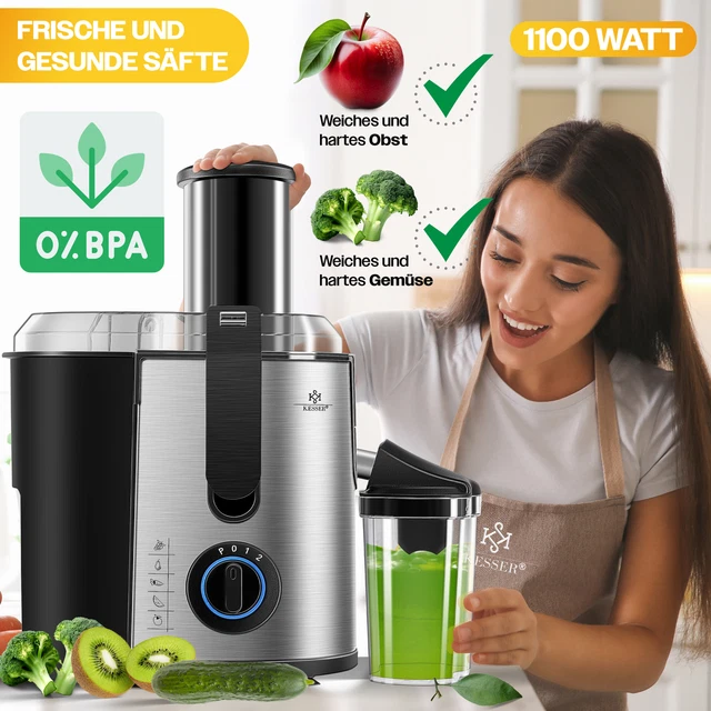 MAXIMALE SAFTAUSBEUTE FÜR VERSCHIEDENE OBST - UND GEMÜSESORTEN - Der leistungsstarke Zentrifugal-Entsafter ( 850 W) ermöglicht die Wahl aus 2 verschiedenen Geschwindigkeitsstufen