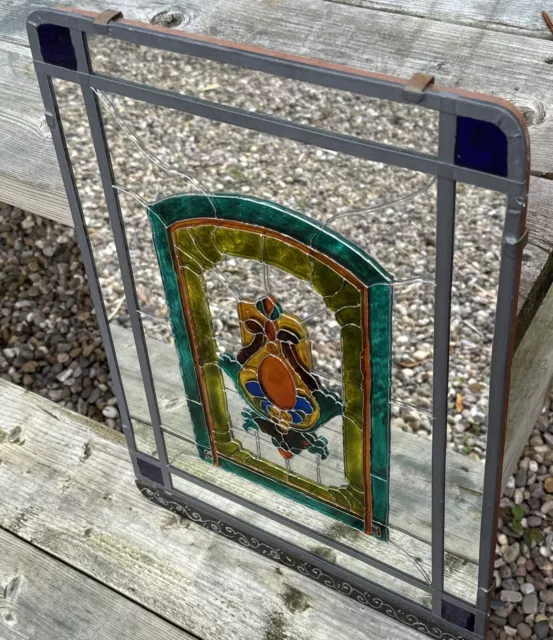 Vintage Stained Glass Leaded Floral Wall Mirror - 21” X 15”