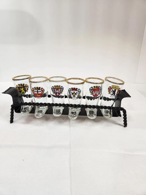 German Glass Miniature Boot Shot Coat of Arms  lot set of 6 & metal display