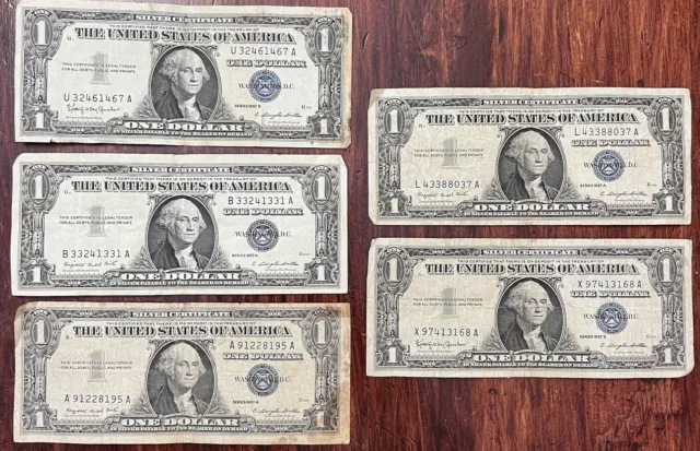 LOT OF (5) 1957 A&B Silver Certificate One Dollar Note with Blue Seal