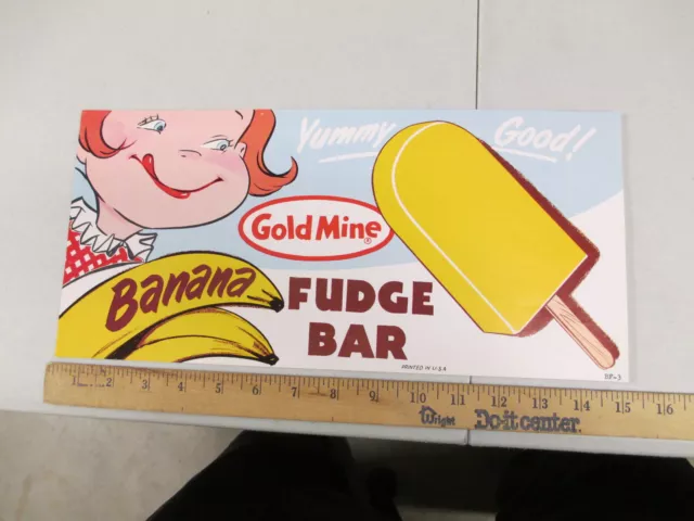 Gold Mine BANANA FUDGE BAR 1960s ice cream store display paper poster sign GIRL