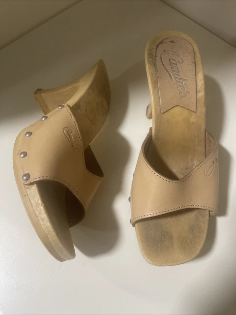 70s shoes sz 8, vintage 1970s mules, disco high heels, 70s step in shoes,  Pollys Candies