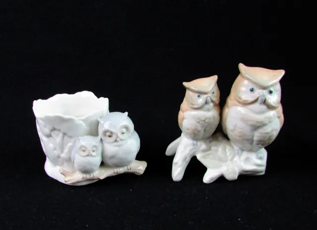 Vintage LOT Otagari Japan Blue Owl Porcelain Votive Candle holder + Owl Figurine