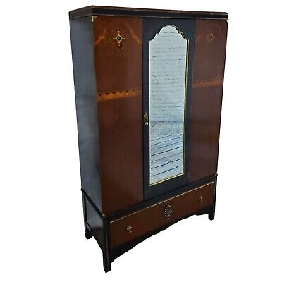 English Oak Armoire Wardrobe Art Deco Antique Storage Cabinet Beveled Mirror