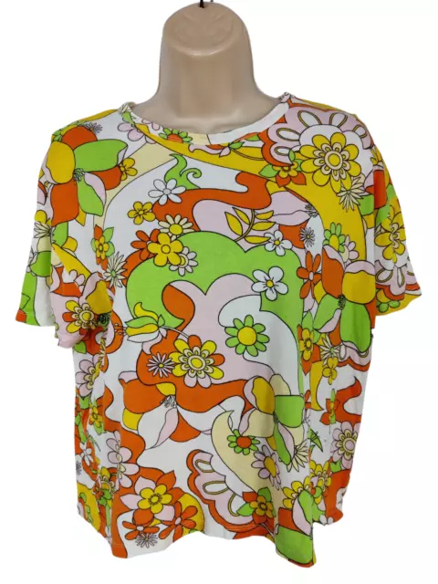 WOMENS ZARA 60s STYLE FLOWER POWER TOP T-SHIRT BRIGHT HIPPY SIZE EUR SMALL S