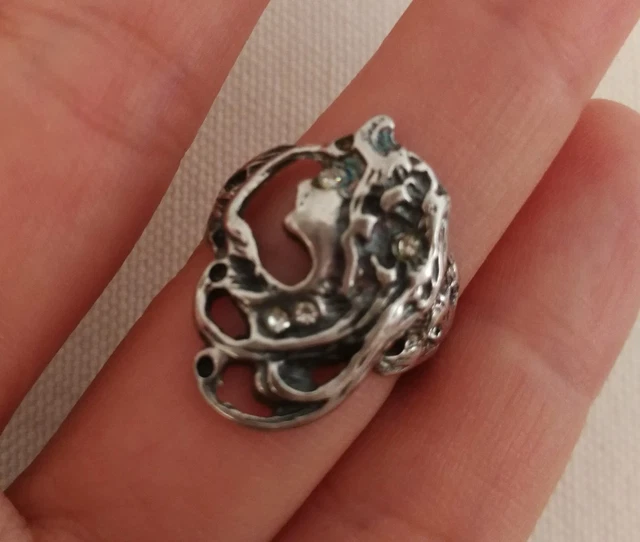 Bague Art Nouveau Argent Massif 925 - 7 Couleurs, Grenat & Améthyste, Taille 51, 5.8g