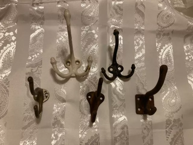 Lot of 5 Vintage Antique Coat Hat Wall Hooks Metal Rustic ~ Various Sizes