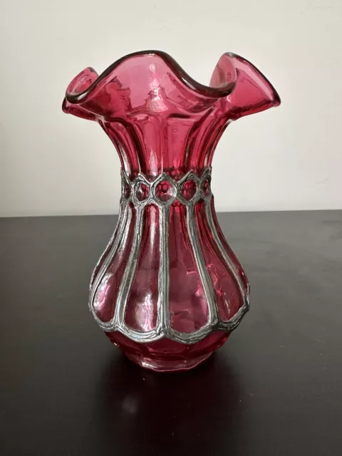 Vintage Cranberry Glass Vase Metal Case Ruffle Top Fenton? 2