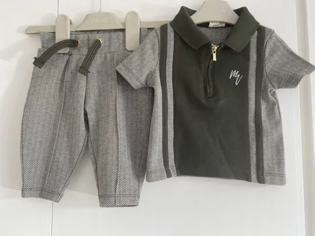 Baby Boys River Island 0-3 Months Smart Outfit Green Grey GC