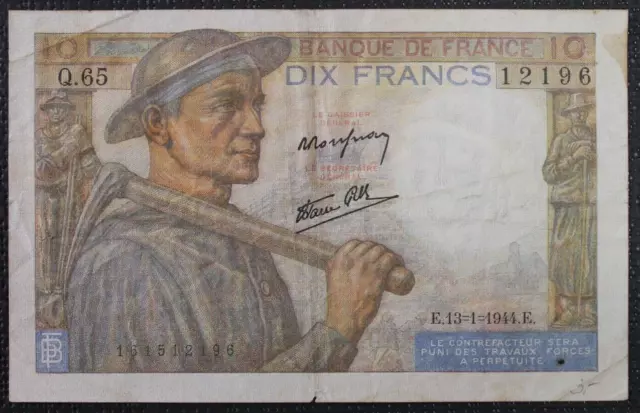 France - Francia - French note - Billet de 10 Francs type "Mineur" du 13/1/1944