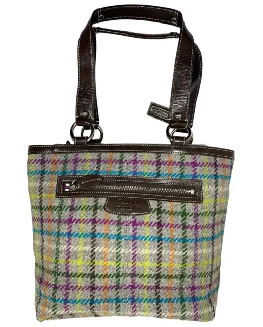^ Coach Penelope Tattersall Plaid Wool Tweed Leather Handbag,  # F1071-F15536