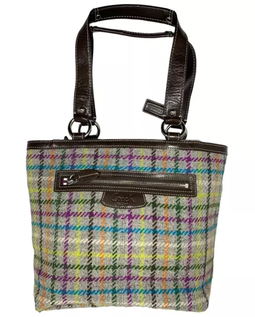 ^ Coach Penelope Tattersall Plaid Wool Tweed Leather Handbag,  # F1071-F15536