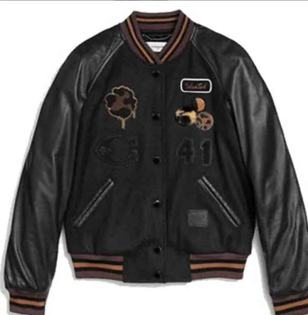 🔥COACH CLASSIC VARSITY Jacket Black Brown Wool Leather • Women’s Sz 00 ...
