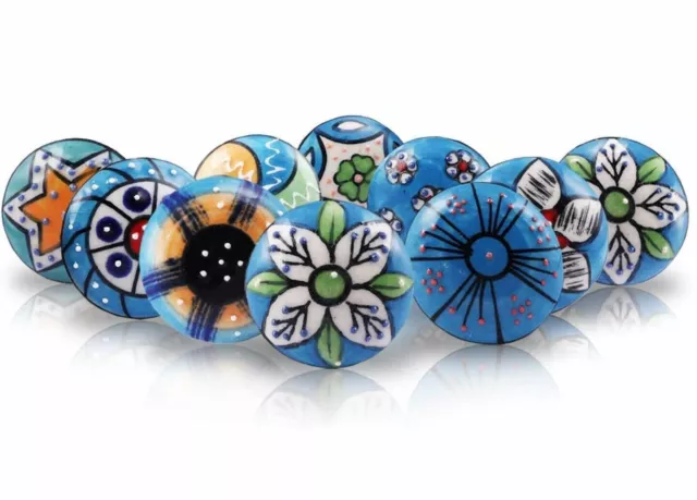 BLUE KNOBS - Set of 10 Ceramic Drawer Pulls each with Different Design