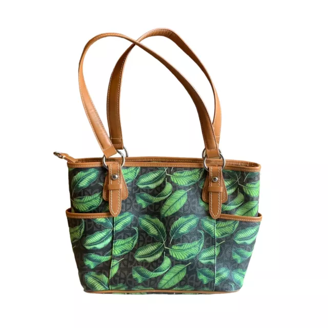 Giani Bernini Green Leaf Tote Shoulder Bag Faux Leather Zip Top Logo
