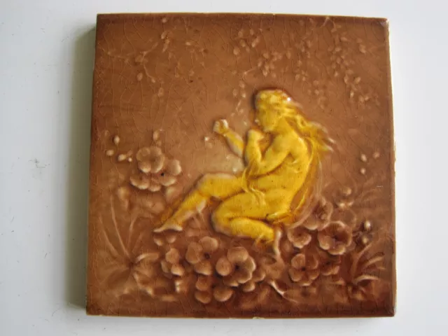 Antique Victorian 6" Square Brown & Gold Moulded & Majolica Glazed Tile - Cherub
