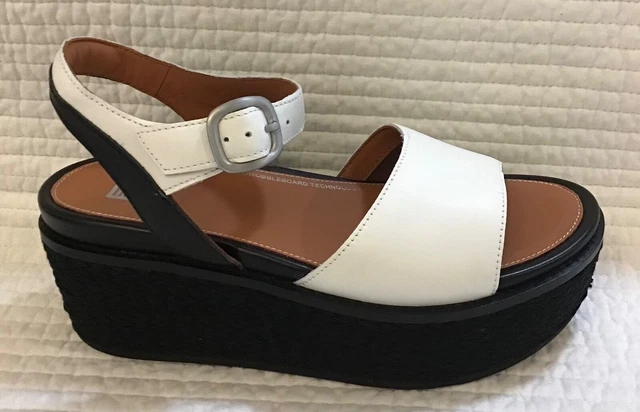 Fitflop Nib Eloise Espadrille Leather Back Strap Wedge Sandal Cream & Black 6