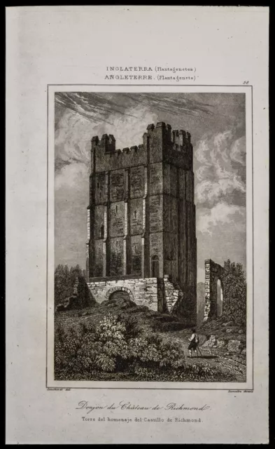 1842, Gravure ancienne Donjon du Chateau de Richmond / Angleterre engraving